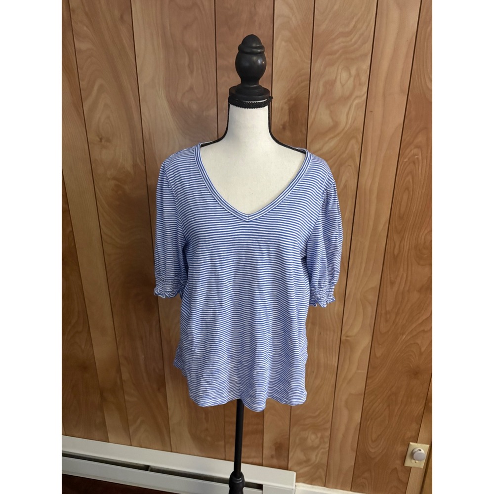 Talbots Petite Blue White Striped V-Neck Puff Sleeve Cotton Tee LP